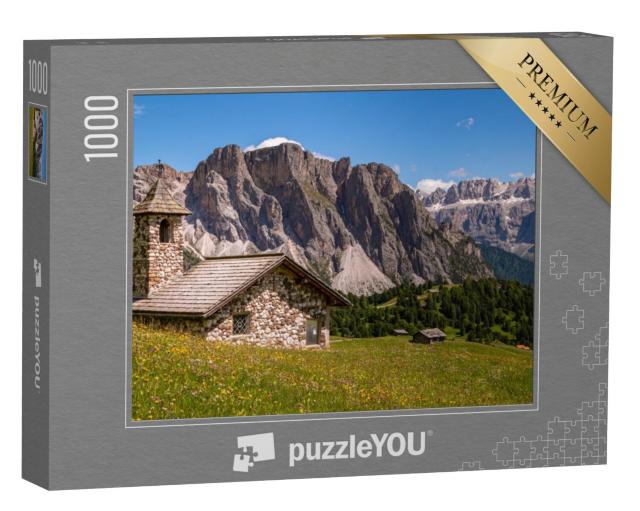 Puzzel 1000 stukjes „Bergkapel voor de Sella Groep, Alp Seceda, Dolomieten, Zuid-Tirol“