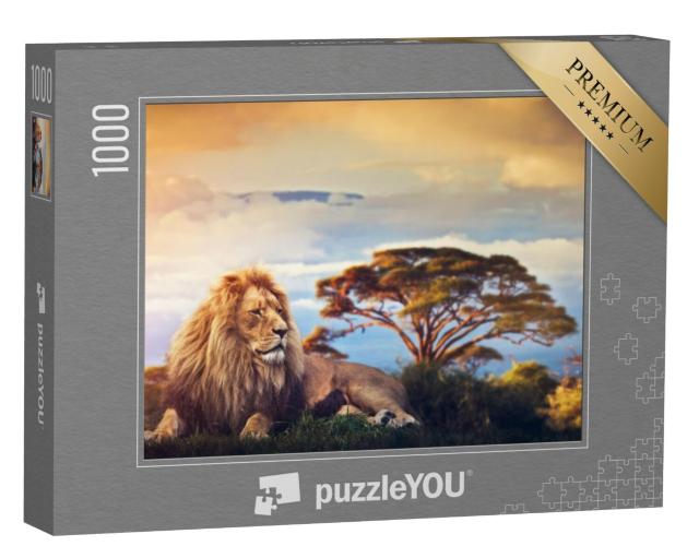 Puzzel 1000 stukjes „Een leeuw ligt midden op de savanne voor de Kilimanjaro“