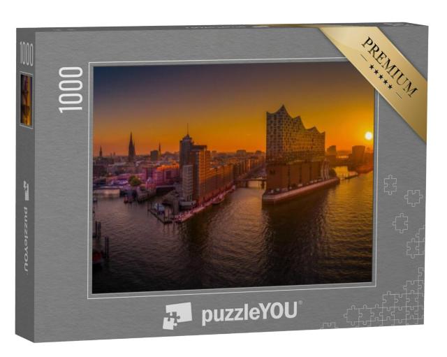 Puzzel 1000 stukjes „Zonsopgang in Hamburg boven de haven“