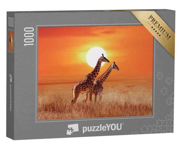 Puzzel 1000 stukjes „Giraffen in de gloedvolle zonsondergang, Serengeti Nationaal Park“