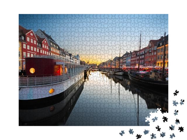 Puzzle 1000 Teile „Schiffe in Nyhavn bei Sonnenuntergang, Kopenhagen in Dänemark“