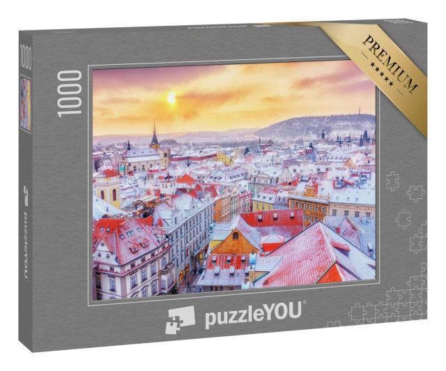 Puzzle 1000 Teile „Prag zur Weihnachtszeit: Blick auf verschneite Dächer“