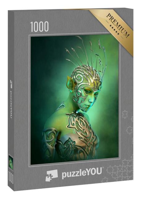 Puzzle 1000 Teile „Digitale Kunst: Alien-Frau mit Schmuck und Kleidung aus Metall“