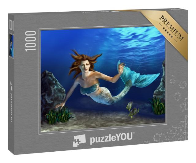 Puzzle 1000 Teile „Digitale Kunst: Schöne Meerjungfrau beim Tauchen im Meer“