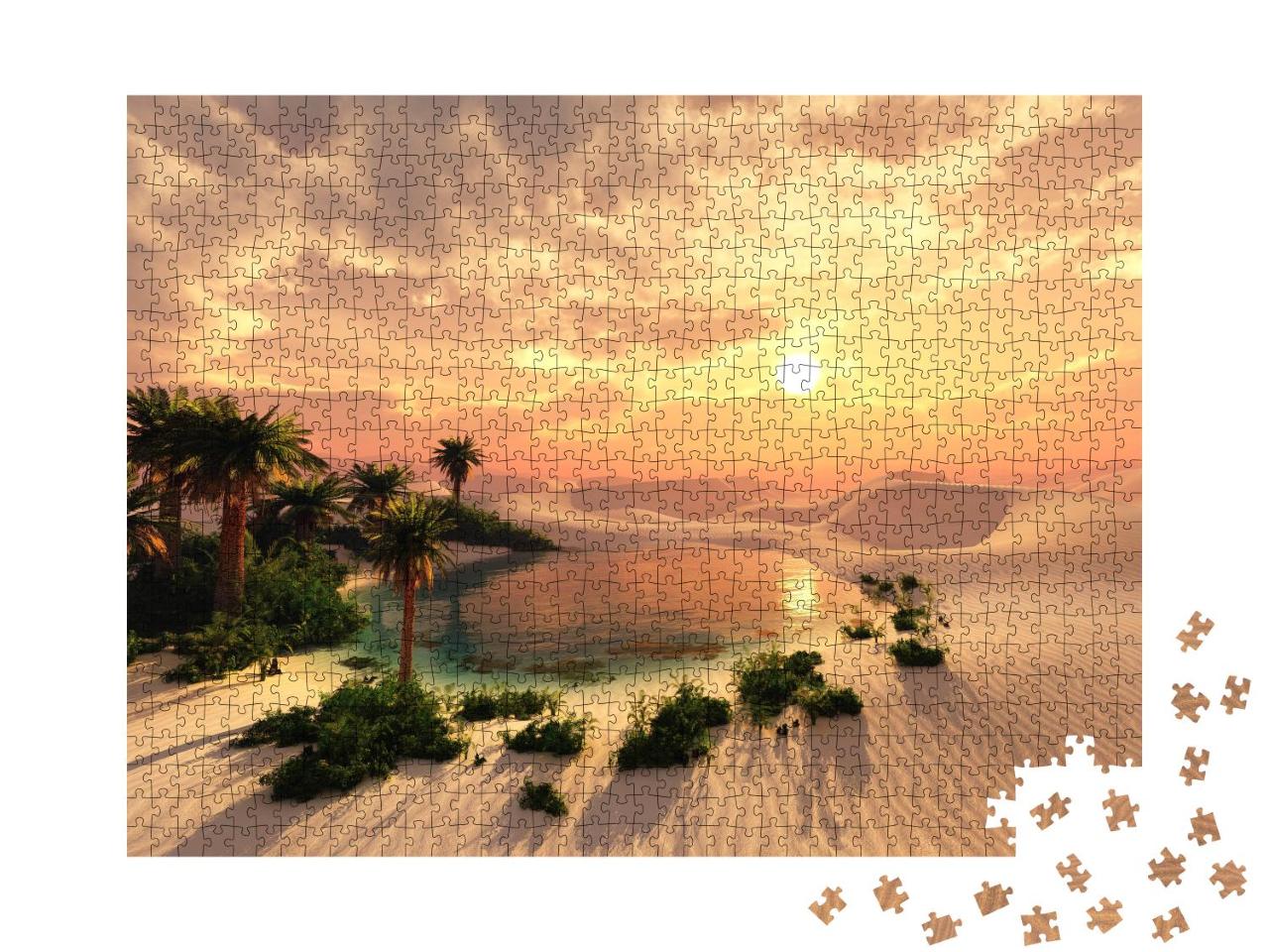 Puzzle 1000 Teile „Oase bei Sonnenuntergang in einer Sandwüste, Panorama, Wüste mit Palmen“