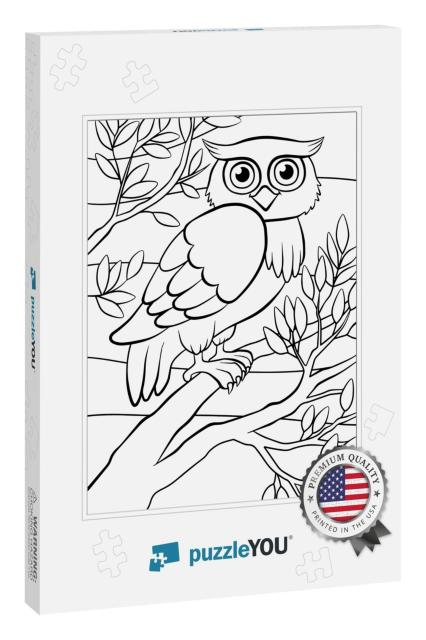 Coloring Pages. Birds. Cute Owl Sits on the Tree... Jigsaw Puzzle