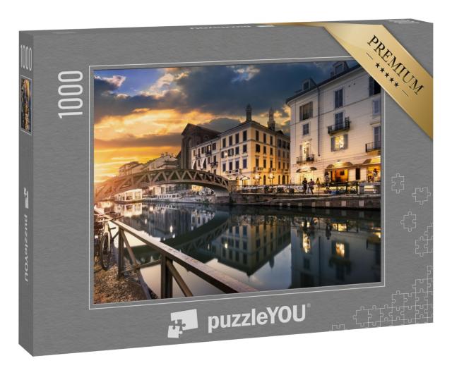 Puzzle 1000 Teile „Brücke über den Naviglio Grande-Kanal am Abend, Mailand, Italien“