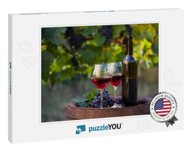 Two Glasses of Red Wine & Bottle in the Vineyard... Jigsaw Puzzle