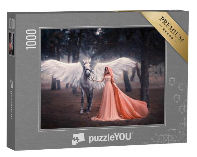 Puzzel 1000 stukjes „Artistieke fotografie: Jonge elfenvrouw met haar gevleugelde eenhoorn“