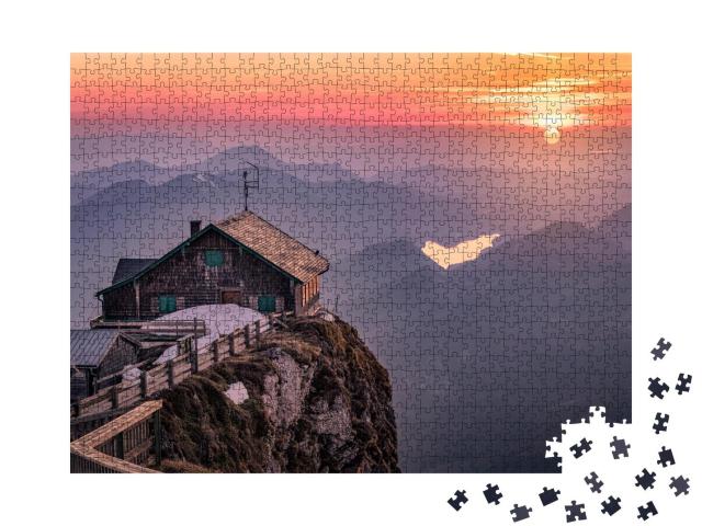 Puzzle 1000 Teile „Berghütte im Salzkammergut bei Sonnenuntergang, Österreich“