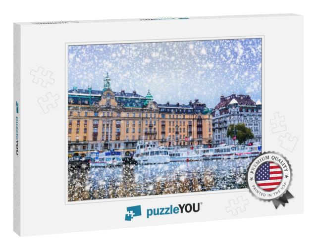 Snowfall in Stockholm Sweden with Buildings & Boats... Jigsaw Puzzle