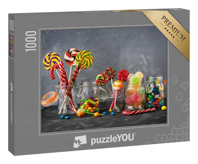 Puzzle 1000 Teile „Candybar mit bunten Lutschern, Bonbons und Gummibärchen im Glas “