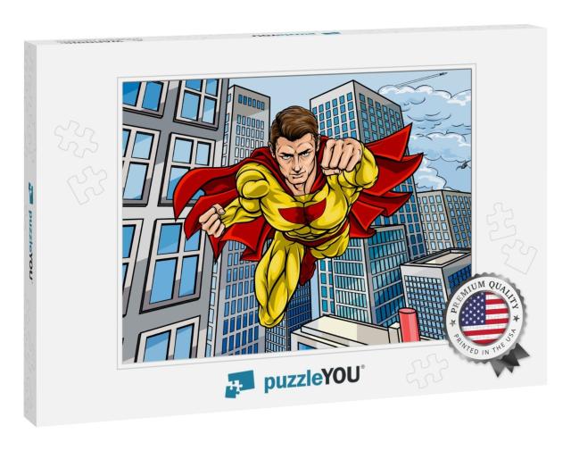 Cartoon Superhero in a Pop Art Comic Book Style Flying Ov... Jigsaw Puzzle