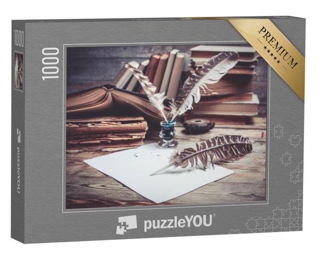 Puzzel 1000 stukjes „Vintage stilleven boeken, inkt en penpunten“