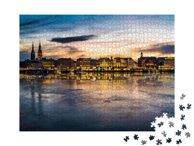 Puzzle 1000 Teile „Blick auf Hamburg und Alster bei Sonnenuntergang“