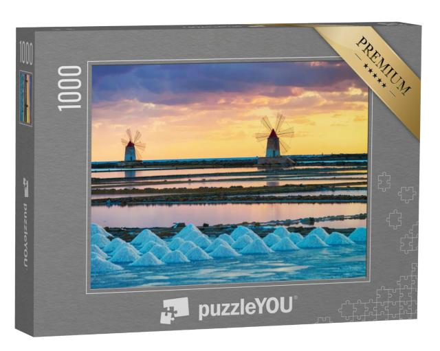 Puzzel 1000 stukjes „Windmolens in de zoutpannen van Marsala, Sicilië“