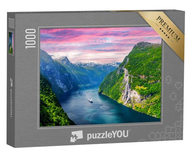 Puzzel 1000 stukjes „Sunnylvsfjord en watervallen van de Zeven Zusters, Noorwegen“