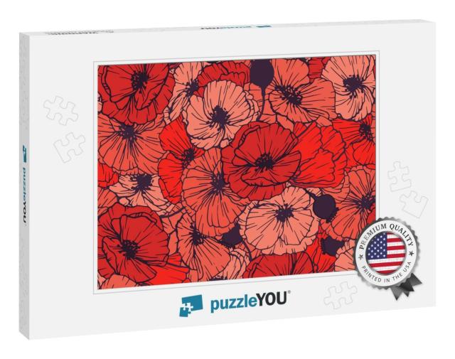 Red Poppies Seamless Pattern. Summer Flowers in Linear En... Jigsaw Puzzle