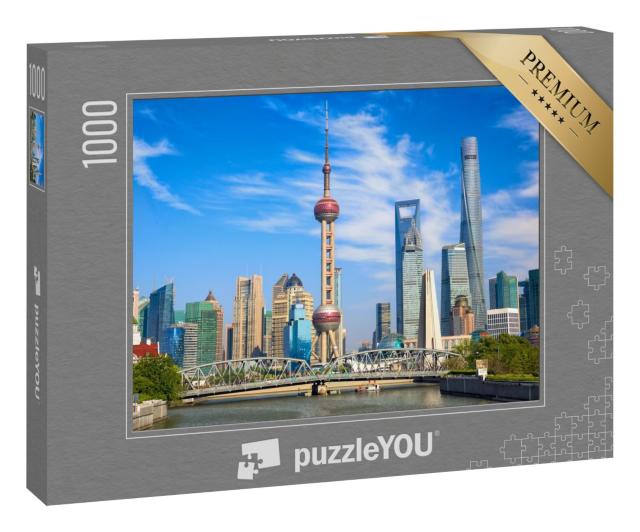 Puzzle 1000 Teile „Skyline von Shanghai mit historischer Waibaidu-Brücke, China“