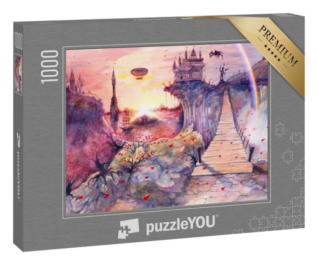 Puzzle 1000 Teile „Aquarellmalerei: Eine fantastische Landschaft in zarten Farben“