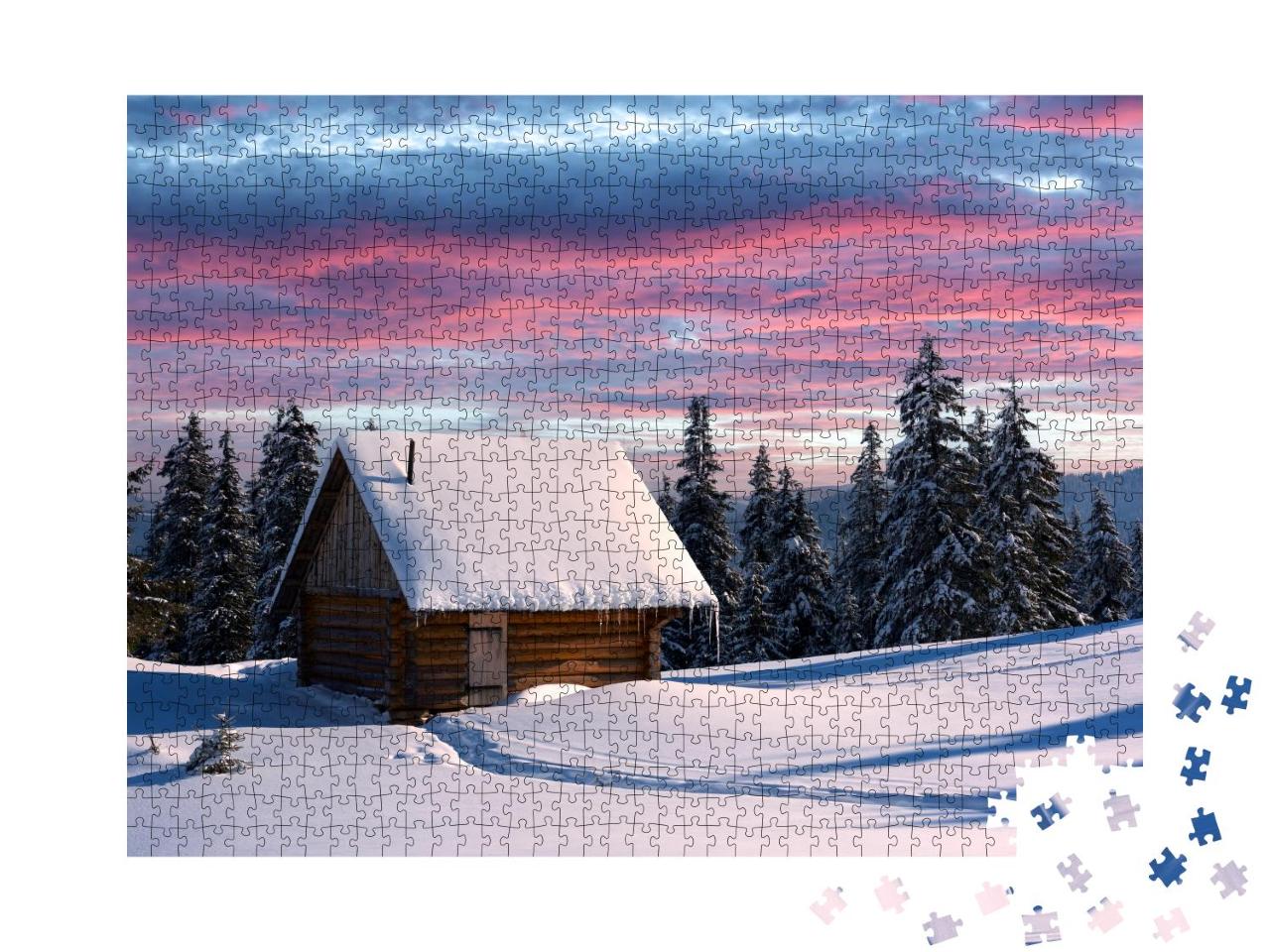 Puzzle 1000 Teile „Winterlandschaft mit Holzhaus, Karpaten, Ukraine, Europa“