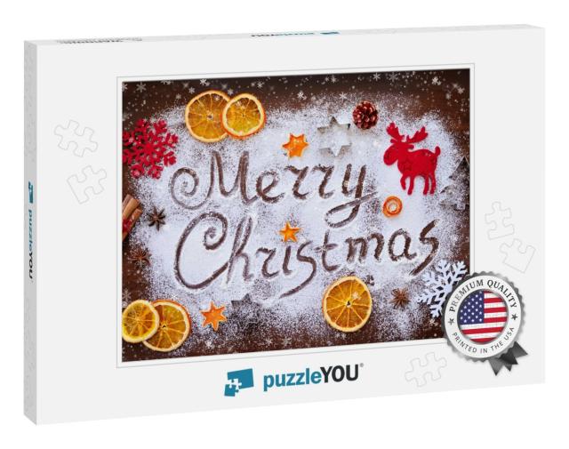 Merry Christmas Text Made with Flour with Decorations on... Jigsaw Puzzle
