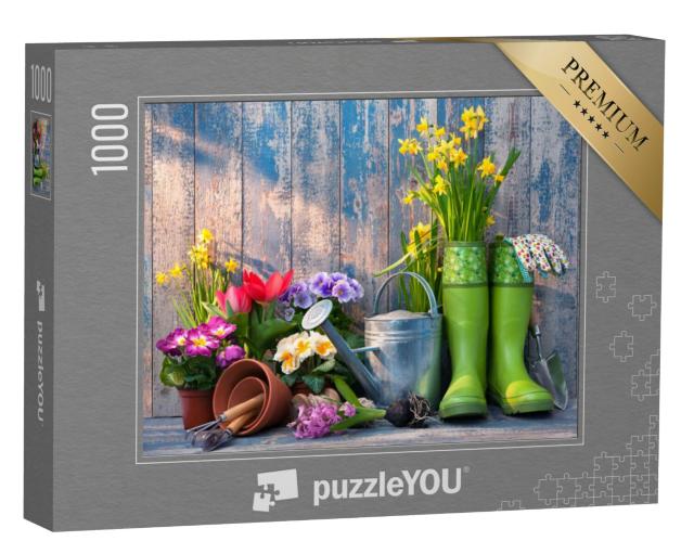 Puzzel 1000 stukjes „Tuingereedschap en bloemen op het terras“