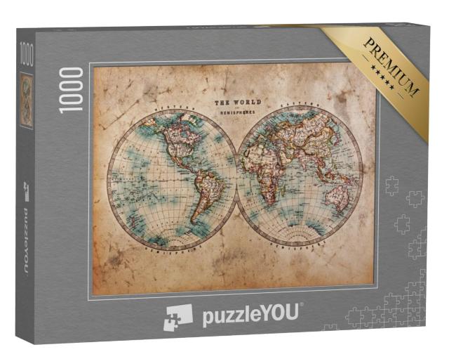 Puzzel 1000 stukjes „Handgekleurde wereldkaart uit het midden van de 19e eeuw“