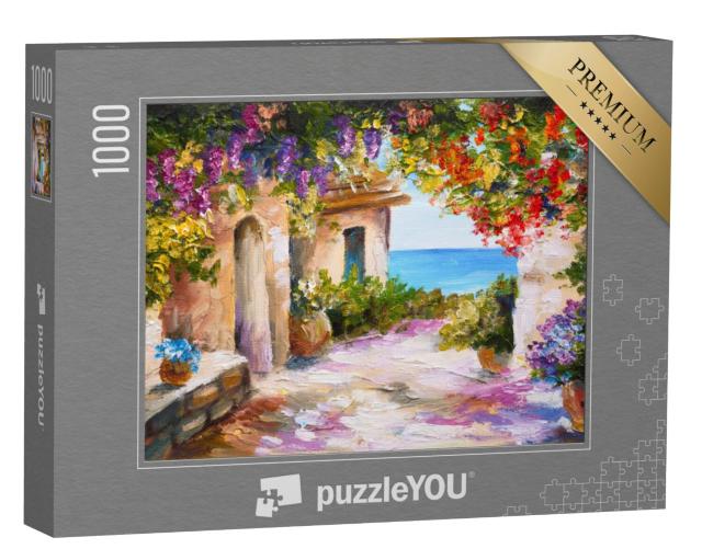 Puzzel 1000 stukjes „Olieverfschilderij: Huis aan zee met kleurrijke bloemen“