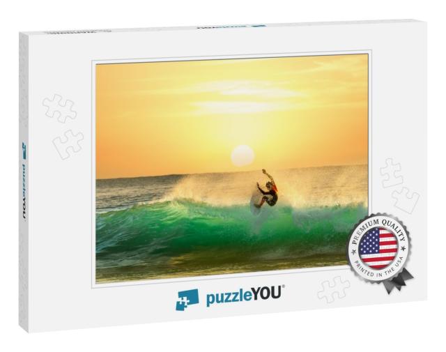 Surfing on a Green Wave with Sun Rising in the Background... Jigsaw Puzzle