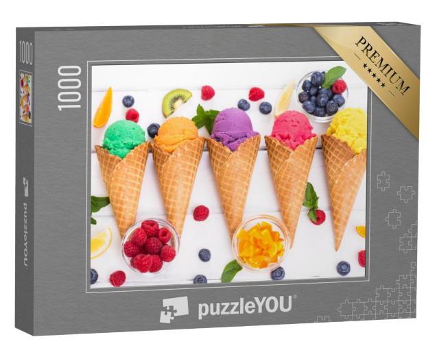 Puzzel 1000 stukjes „Diverse zelfgemaakte vruchtenijsjes in een hoorntje“