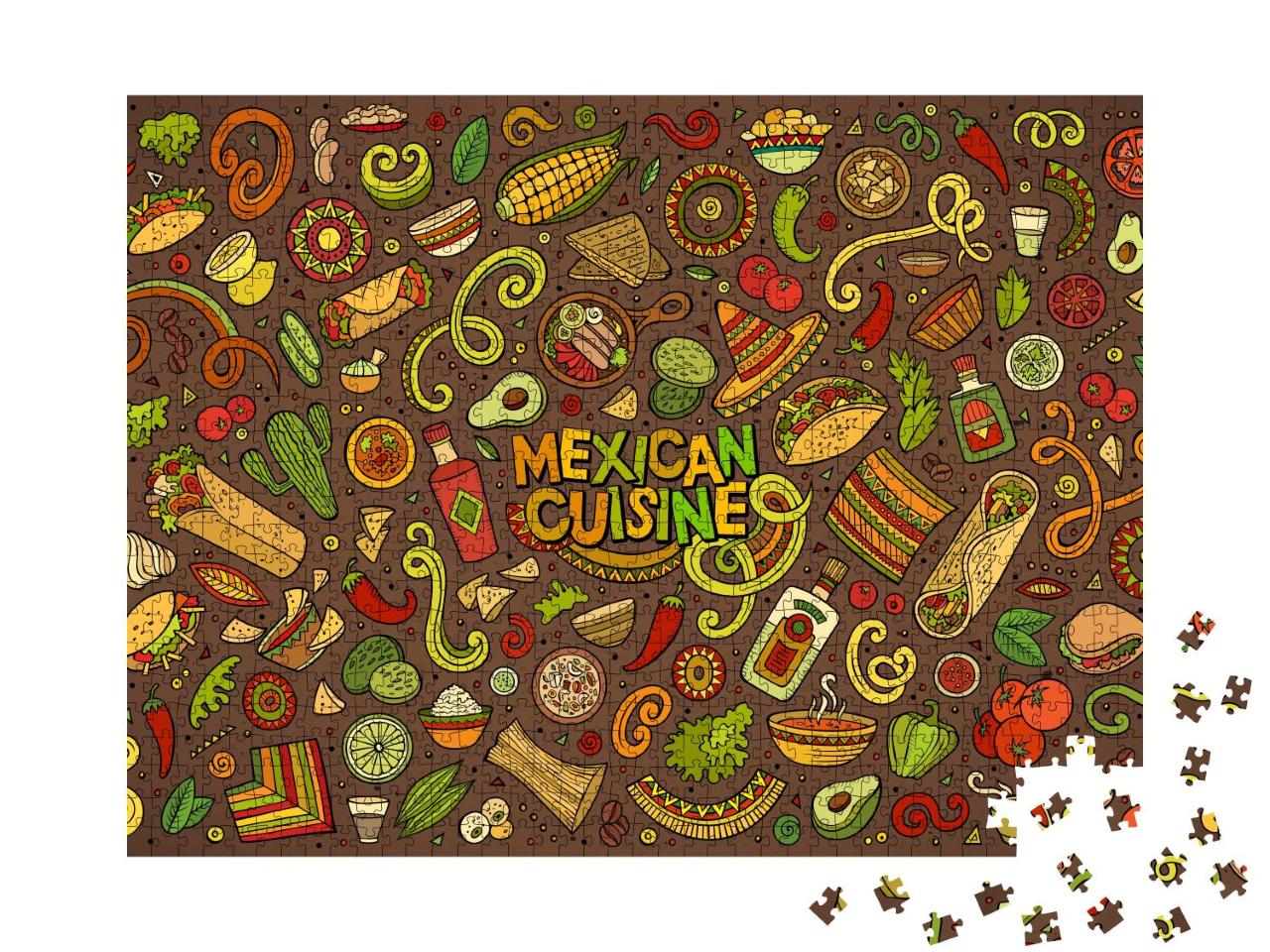 Puzzle 1000 Teile „Cartoon-Illustration: Bunte Mischung von typisch mexikanischen Symbolen“