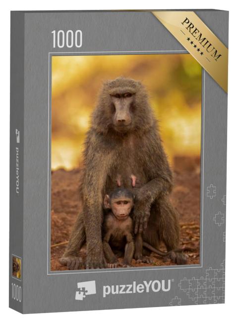 Puzzel 1000 stukjes „Familie- en gedragsportret van olijfbavianen, Nationaal Park Pendjari, Benin“