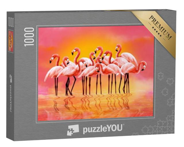 Puzzel 1000 stukjes „Panorama van roze flamingo's“