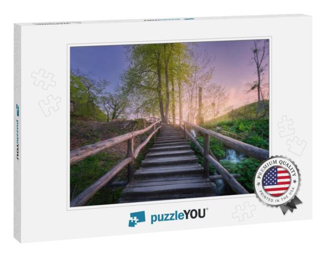 Wooden Stairs in Forest At Sunset in Spring. Plitvice Lak... Jigsaw Puzzle