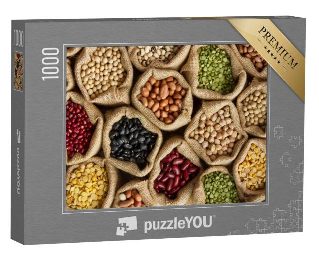 Puzzel 1000 stukjes „Verschillende gekleurde peulvruchten in zakken“