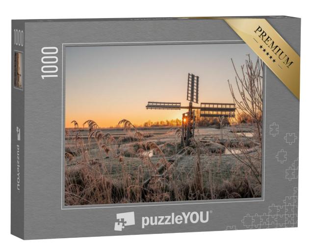 Puzzel 1000 stukjes „Bevroren riet- en grasveld met een oude poldermolen bij zonsopgang, Kalenberg“