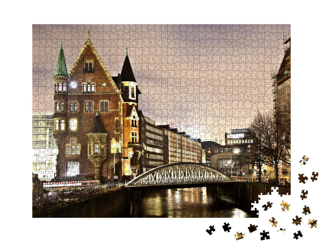Puzzle 1000 Teile „Historische Speicherstadt bei Nacht, Hamburg“