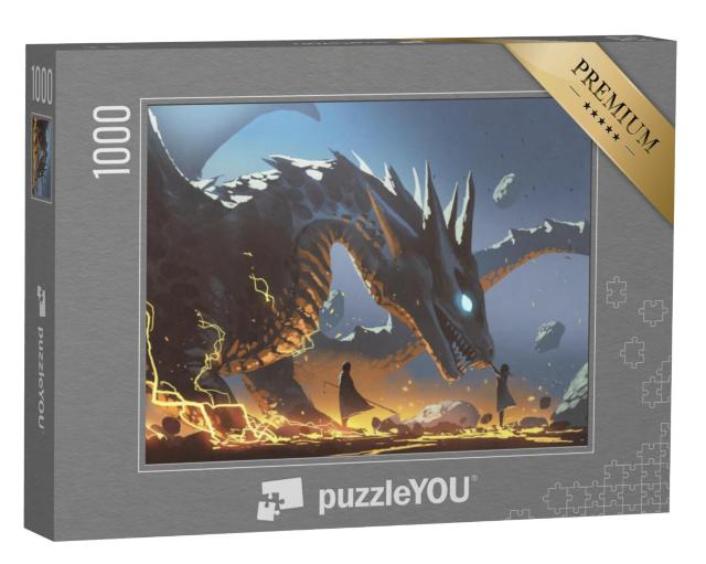 Puzzel 1000 stukjes „Fantasiescène van een vrouw die naar de draak reikt“