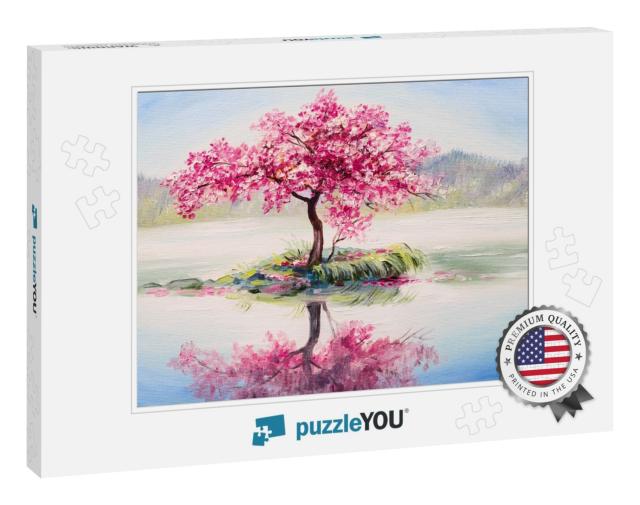 Oil Painting Landscape, Oriental Cherry Tree, Sakura on t... Jigsaw Puzzle