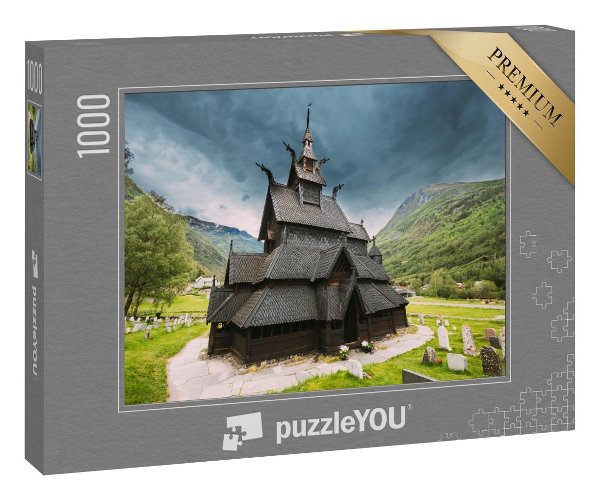 Puzzle 1000 Teile „Die berühmte Stavkirke, eine hölzerne dreischiffige Stabkirche, Borgund, Norwegen“