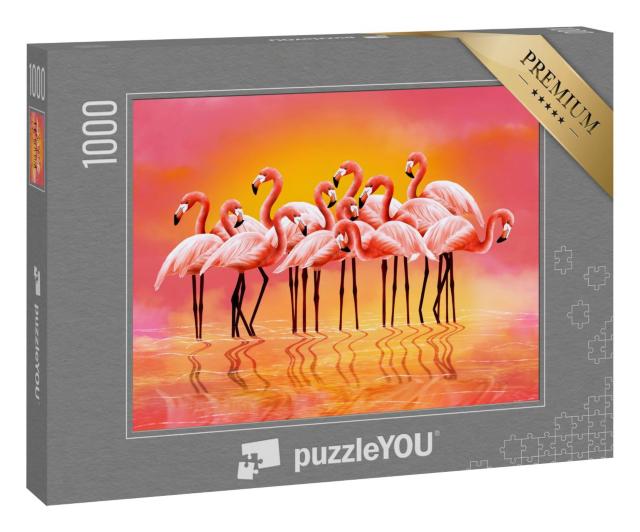 Puzzle 1000 Teile „Digitale Illustration: Panorama von rosa Flamingos“