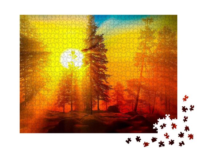 Puzzle 1000 Teile „Glühender Himmel: Sonnenaufgang im Wald“