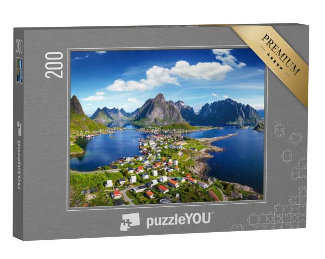 Puzzel 200 stukjes „Reine dorp onder een zonnige blauwe hemel, Lofoten, Noorwegen“