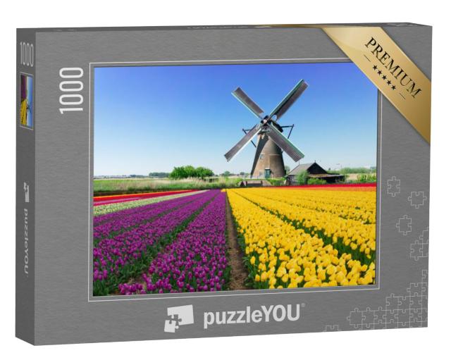 Puzzel 1000 stukjes „Hollandse windmolen boven geel tulpenveld, Nederland“