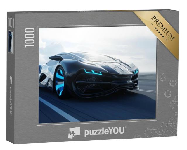 Puzzel 1000 stukjes „Futuristische elektrische auto racet door de woestijn“