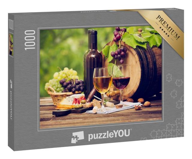 Puzzle „Wein und Käse auf einem Holztisch “