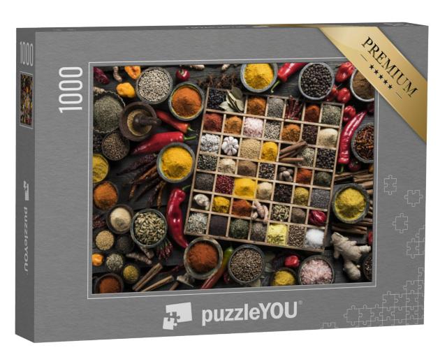 Puzzel 1000 stukjes „Houten kistje met verschillende specerijen en kruiden“