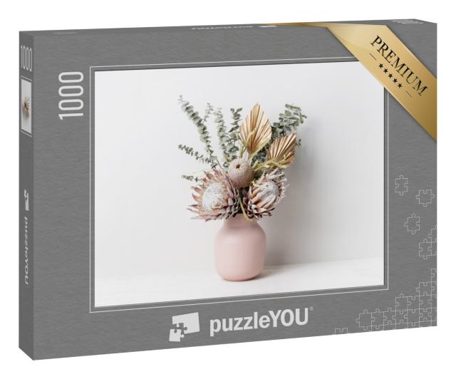 Puzzle 1000 Teile „Trockenblumenarrangement in einer stilvollen rosa Vase“