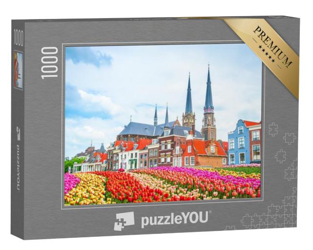 Puzzel 1000 stukjes „Traditionele huizen op het marktplein van de mooie oude stad Delft, Nederland“